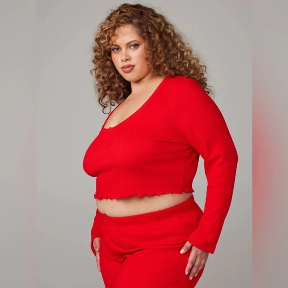 Savage X Fenty Long Sleeve Crop Women's Size‎ 1X Goji Berry Red Waffle Sleepwear